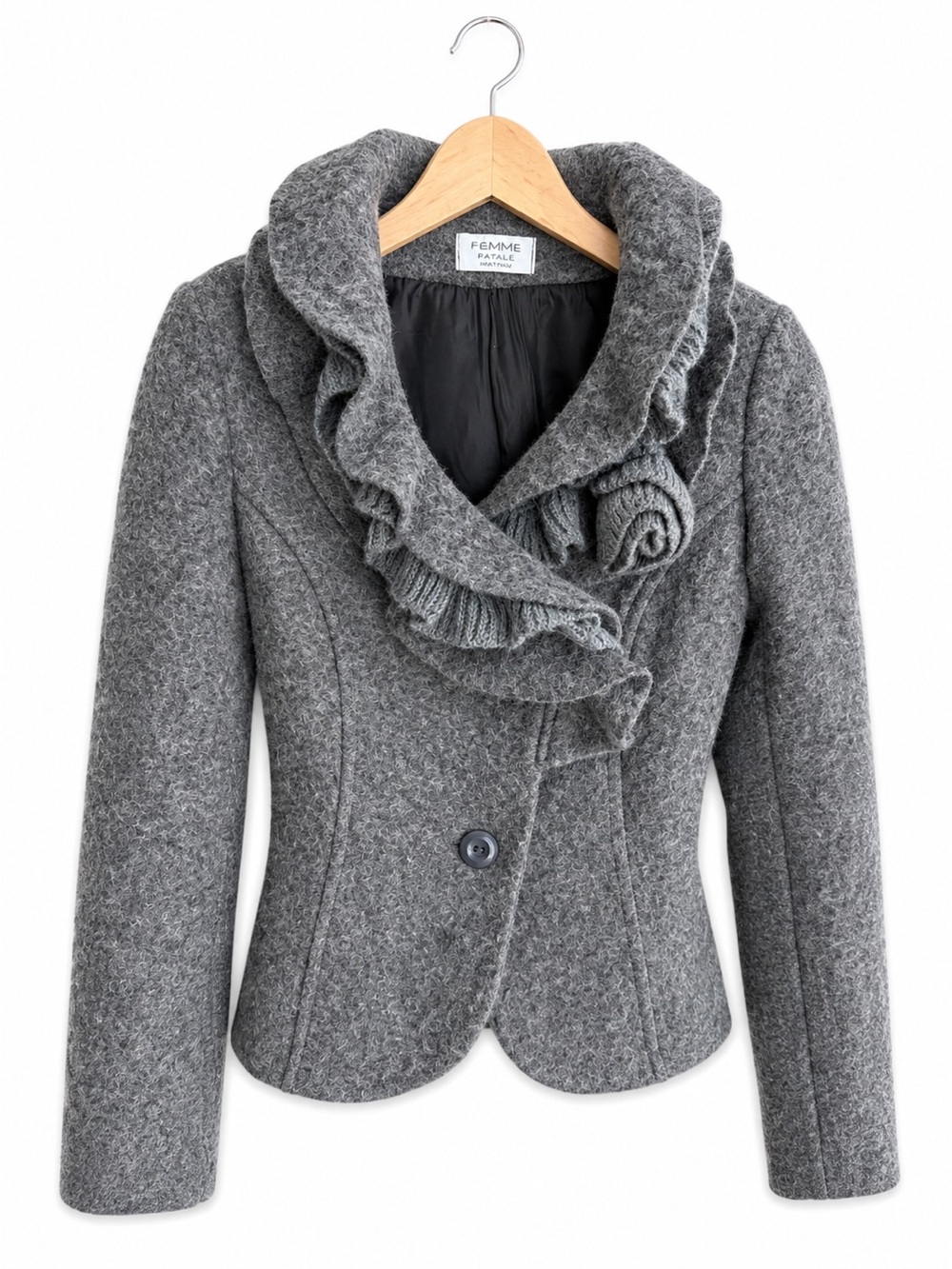 Femme Fatale Made in Italy Grey Wool Ruffle Collar Blazer Jacket Size L Vintage